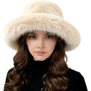 Women's Beige Oversized Winter Long Pile Fur Wide Moldable Brim Warmer Cap